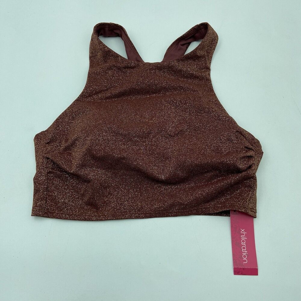 Xhilaration Bikini Top Sports Bra High Neck Racerback Metallic Raisin Medium